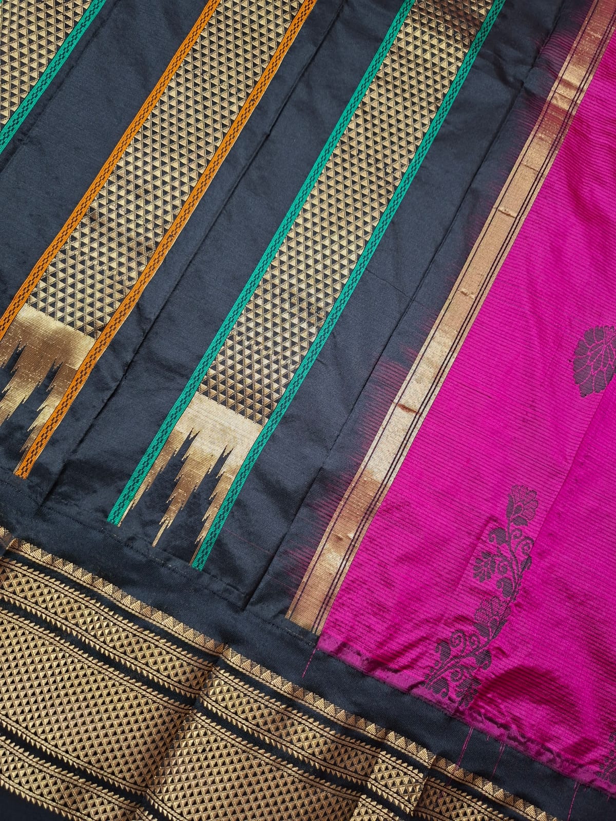 Rani pink & black Ilkal saree with with floral weavings