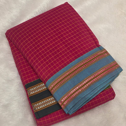 Pink- Blue Green Ilkal handloom Patteda Anchu-Gayatri Border