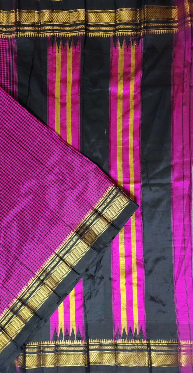 Pink Black Checks Gadwal Ilkal Silk Saree
