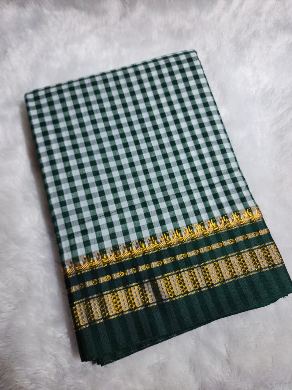 Green & White Ilkal mini Checks Saree with Zari Border