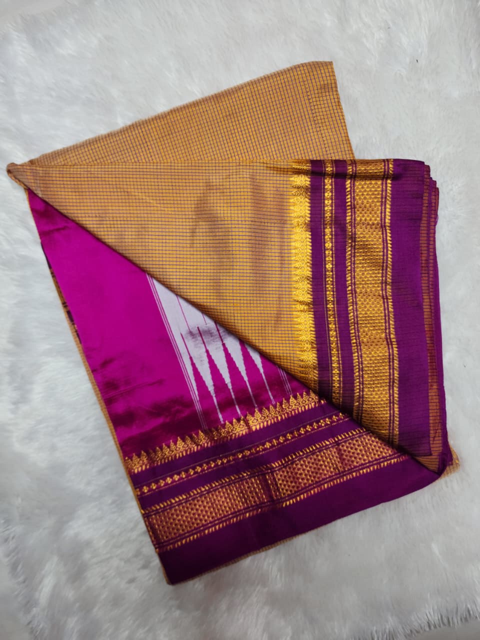 Peach Checked Ilkal Saree with Rich Pink Border