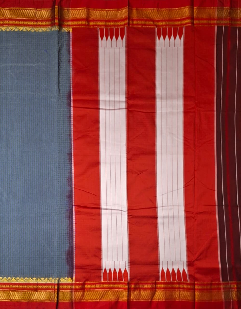 Steel Grey thread chaduranga Ilkal with Gadwal Vermilion Red Border