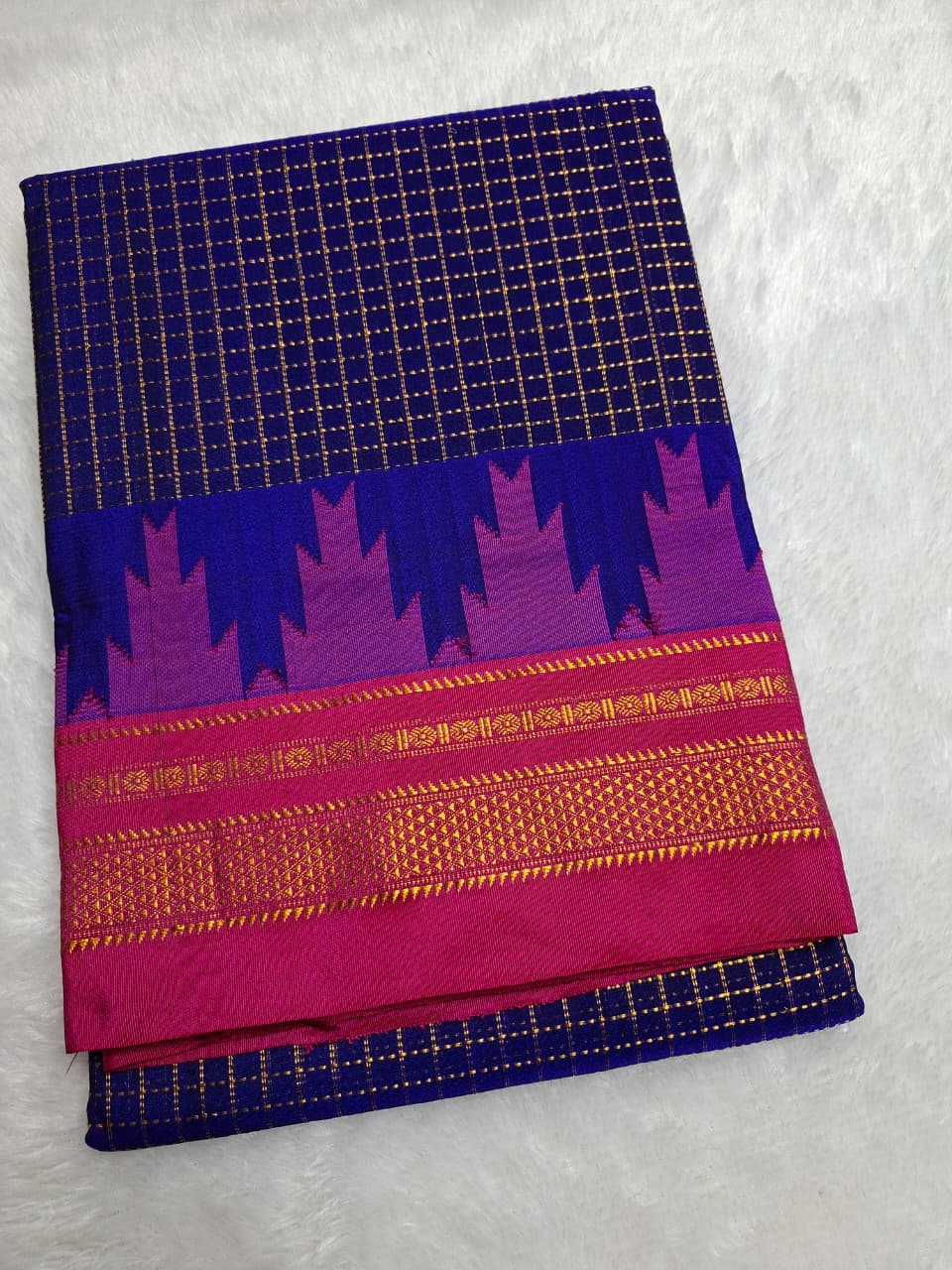 Royal Blue Gadwal Chaduranga Ilkal Cotton Saree with Contrast Zari Border & Pallu