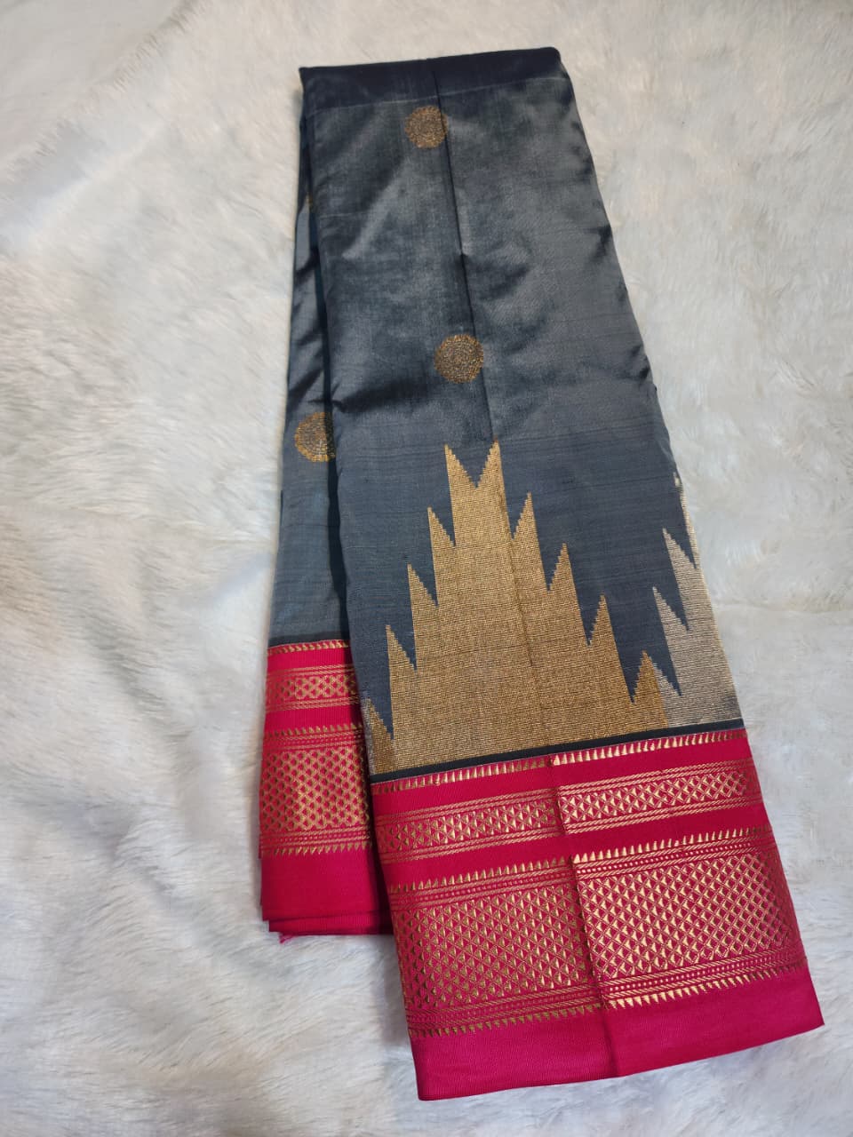 Steel Grey Gadwal Ilkal silk with Two-Colour Zari Temple Tower Border