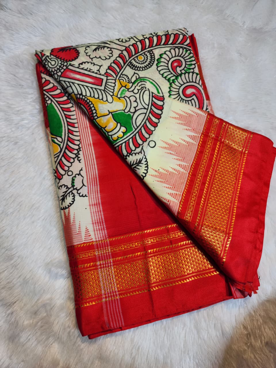 White Ilkal–Kalamkari Lotus print Fusion Saree