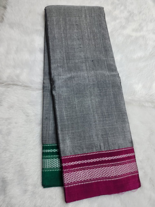 Grey Ilkal Viscose Handloom Saree with Silk Pallu & chikki Paras Border