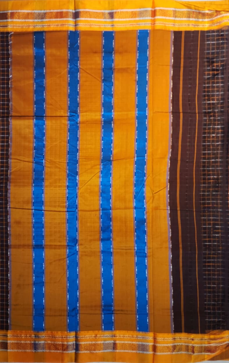 Deep Chocolate Brown Double Checks Ilkal Cotton Saree with Mustard Zari Border