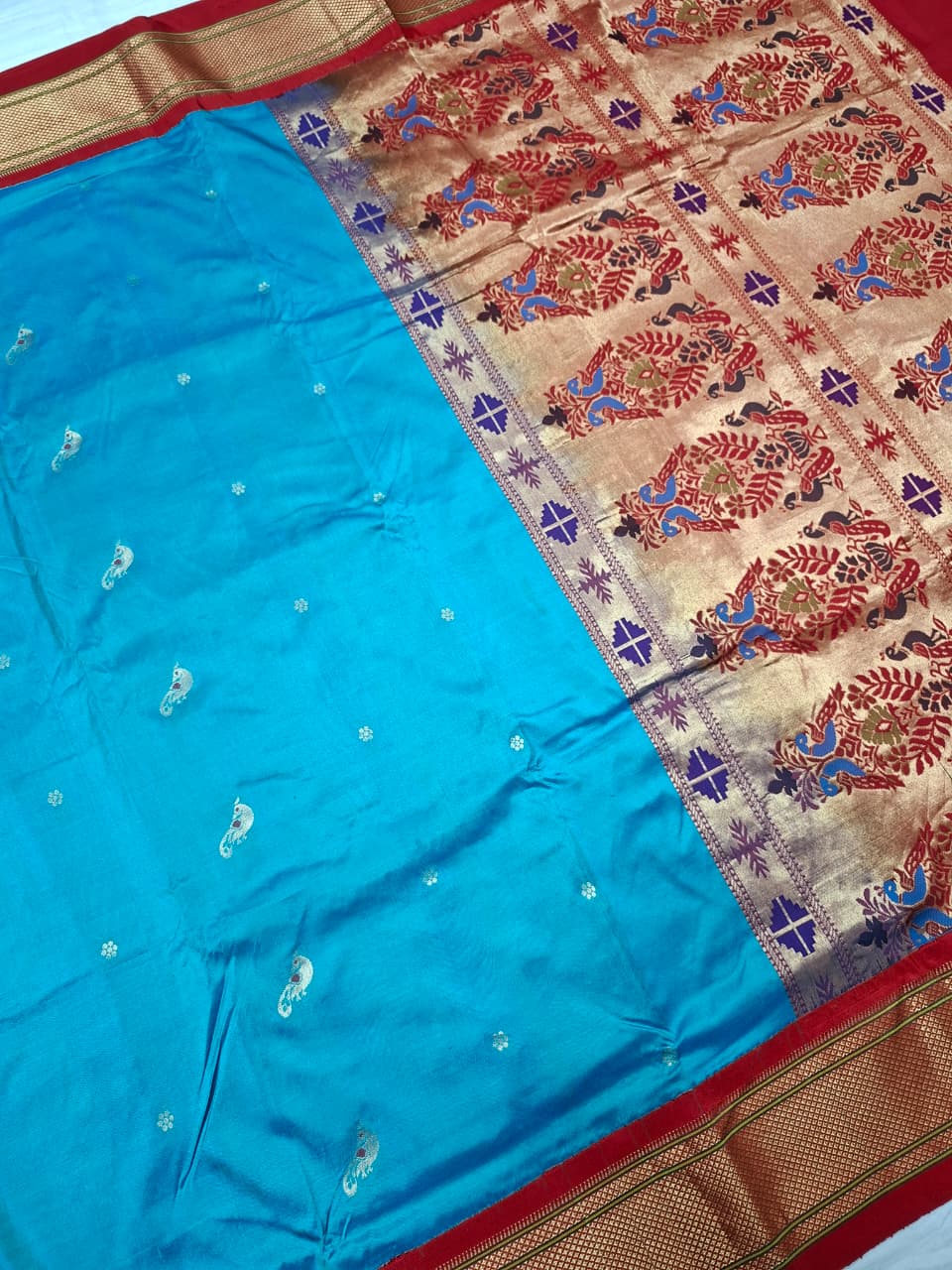 Sky Blue Paithani Silk with Peacock Motifs