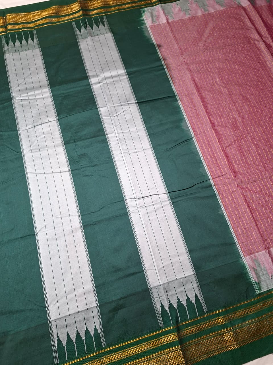 Dusty Mauve Gadwal Chaduranga Ilkal Cotton Saree with Contrast Zari Border & Pallu