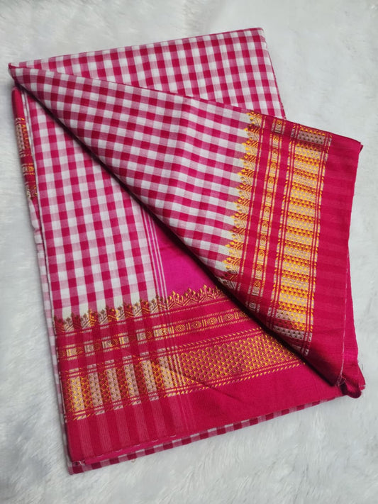 Pink & White Ilkal mini Checks Saree with Rich Pallu