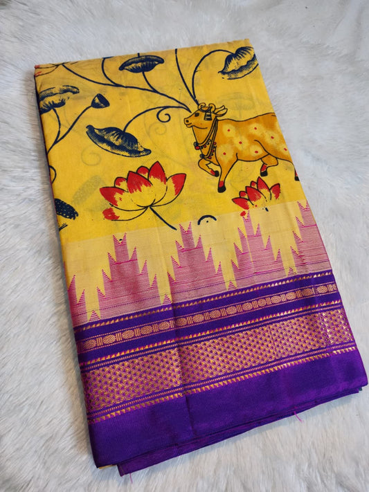 Warm Mustard-Yellow Ilkal–Kalamkari Floral print Fusion Saree