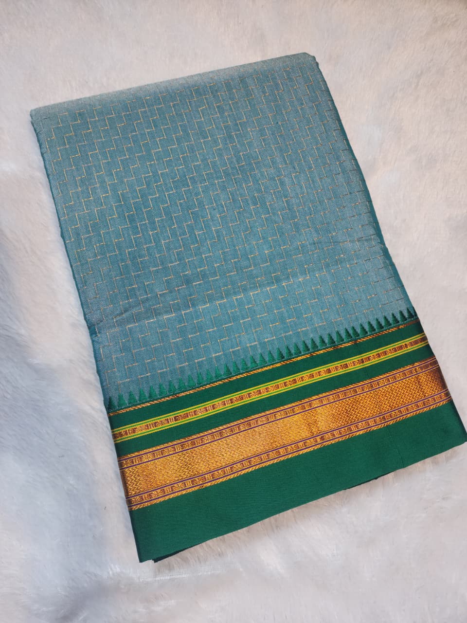 Blue-Green (teal) Ilkal Zig-Zag Cotton Saree with Contrast Zari Border & Pallu