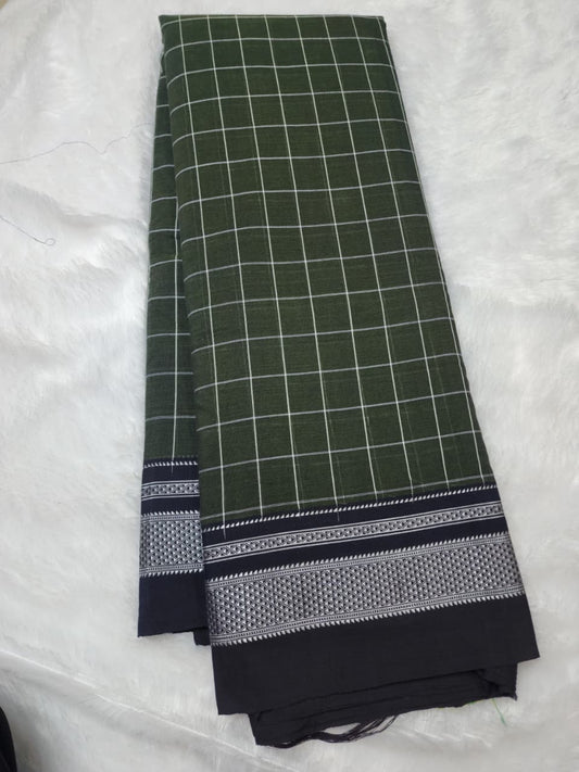 Olive Green Ilkal Cotton Handloom Checks Saree