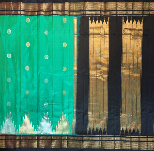 Emerald Green Gadwal Ilkal Silk with Two-Colour Zari Temple Tower Border