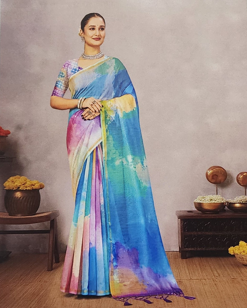 Pastel Whisper German Print Saree with Multicolour Cloud Effect