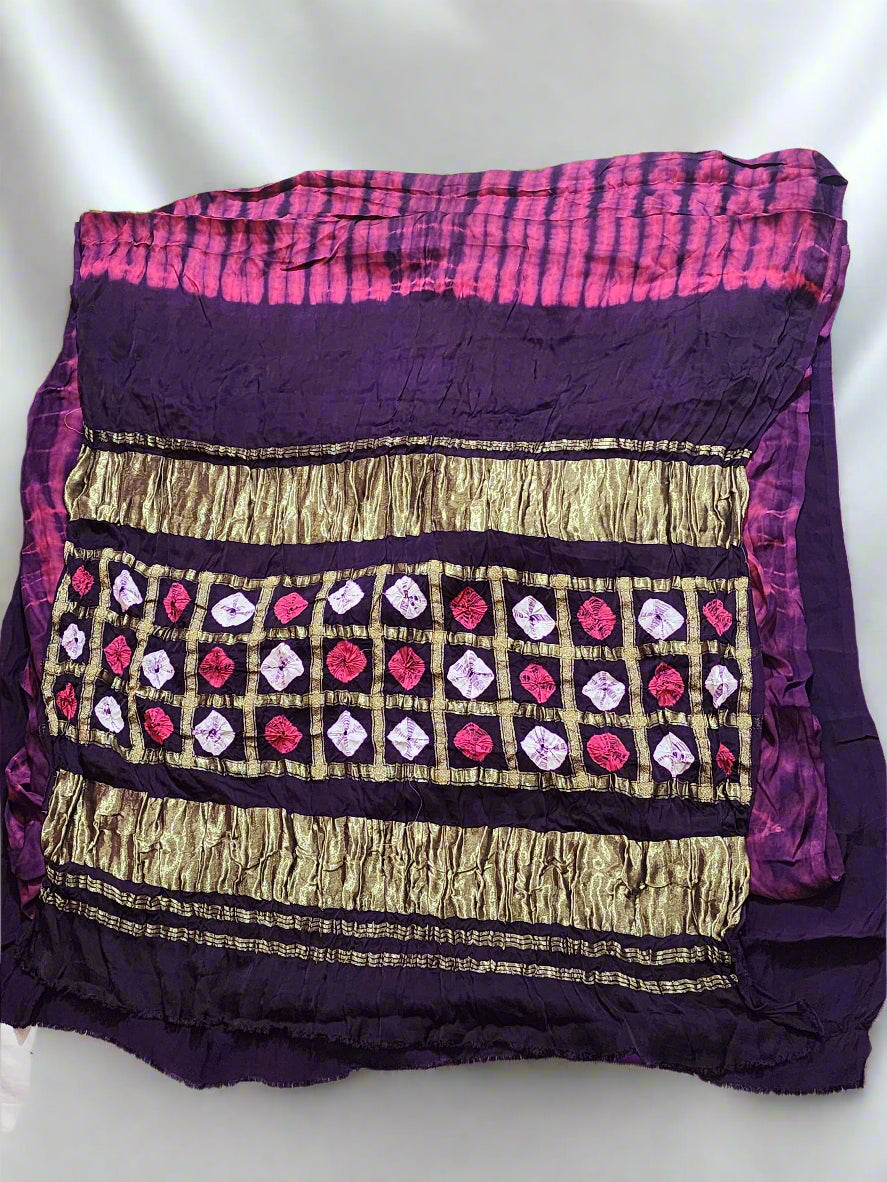 Purple Bandhani Modal Silk Saree with Golden Checks and Tie-Dye Pallu