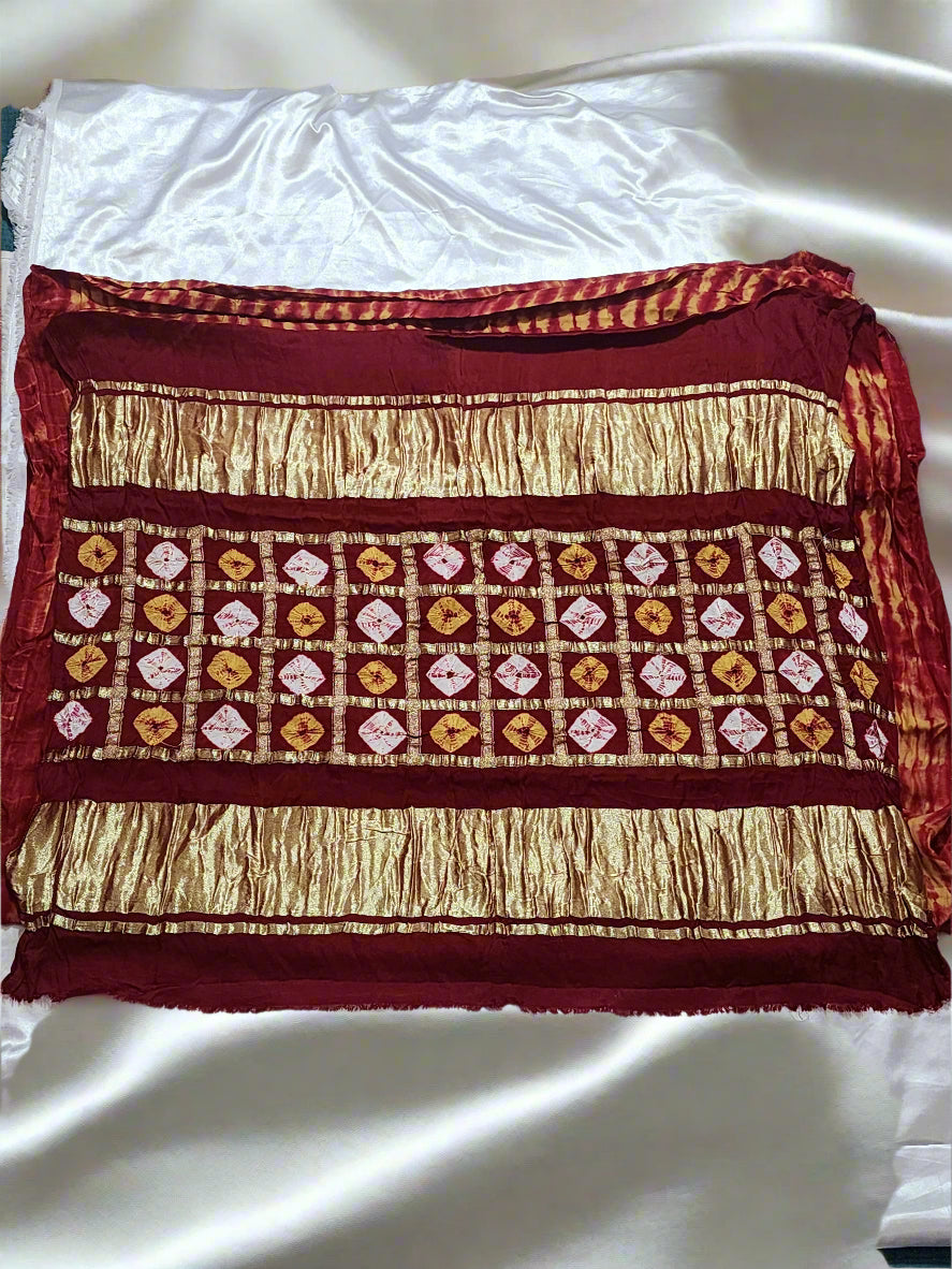Red Bandhani Modal Silk Saree with Golden Checks