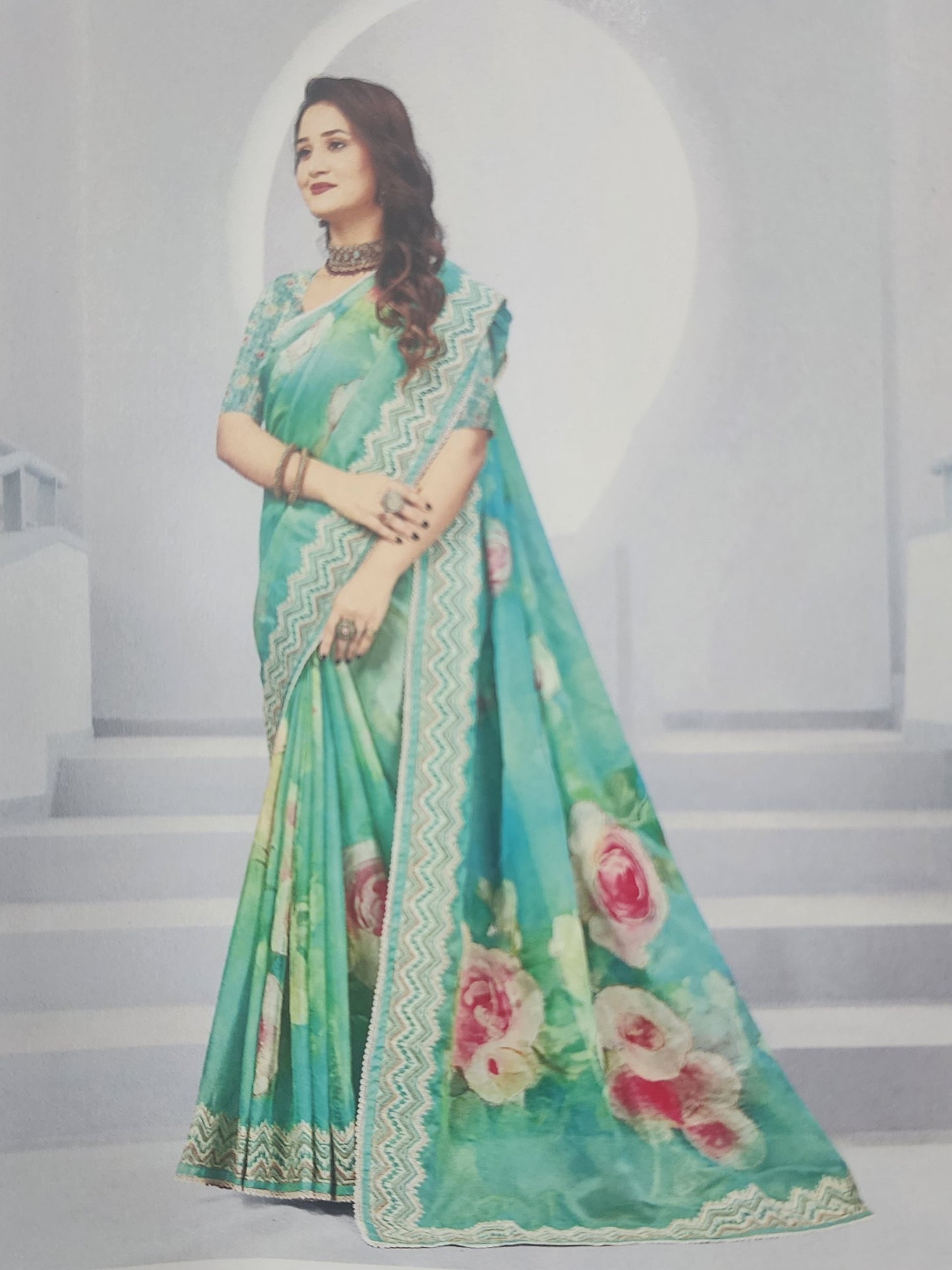 Aqua-blue-floral-organza-saree