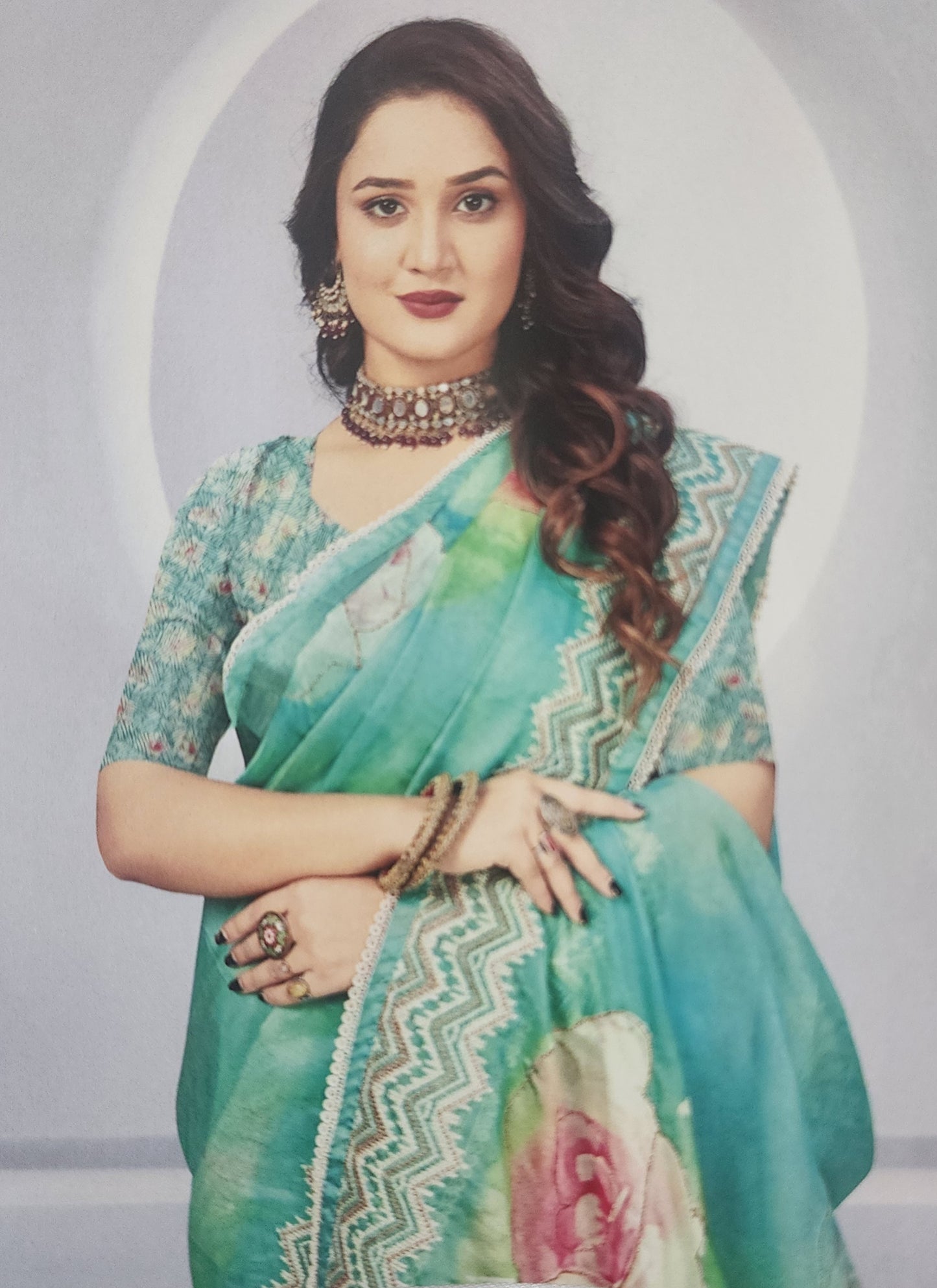 Aqua-blue-floral-organza-saree
