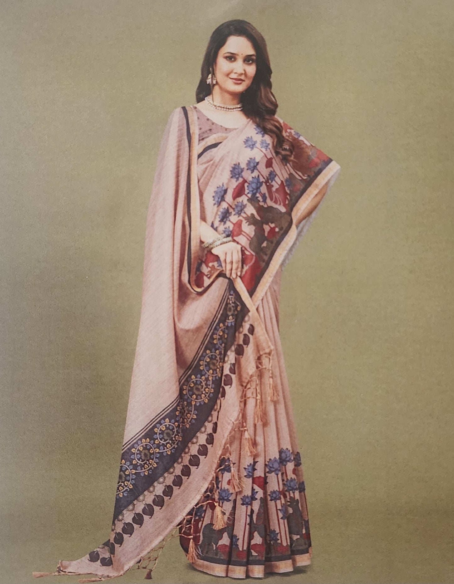 Blush Pink German Print Saree with Deer and Lotus Motif