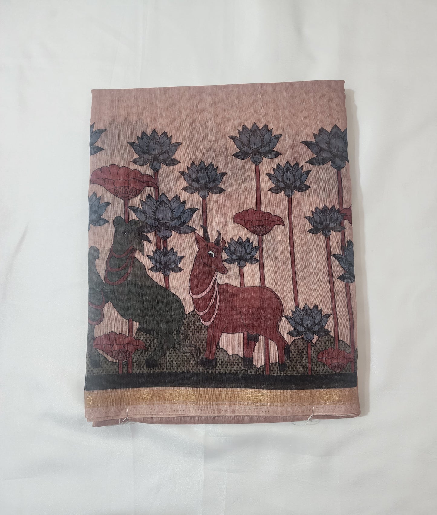 Blush Pink German Print Saree with Deer and Lotus Motif