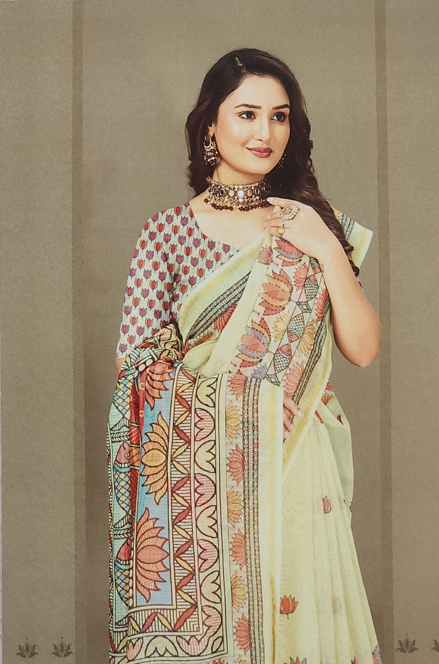 Beige Linen Cotton Saree with Vibrant Lotus and Fish Motif Print