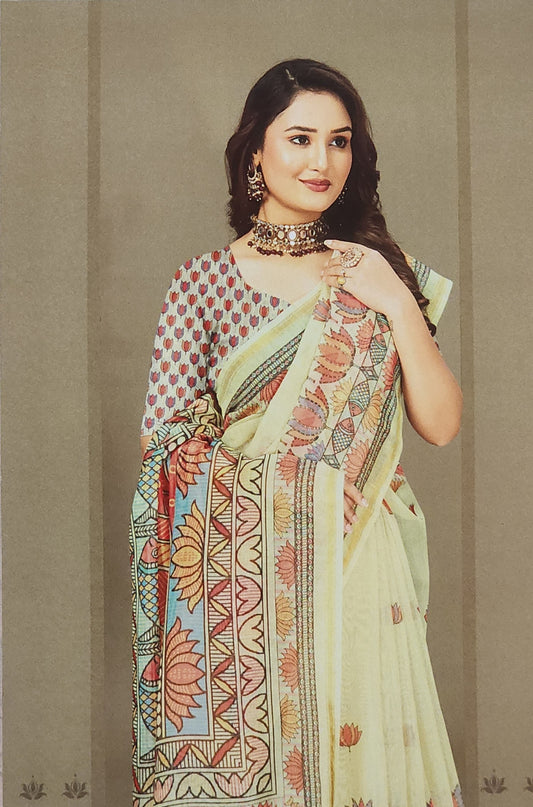 Beige Linen Cotton Saree with Vibrant Lotus and Fish Motif Print