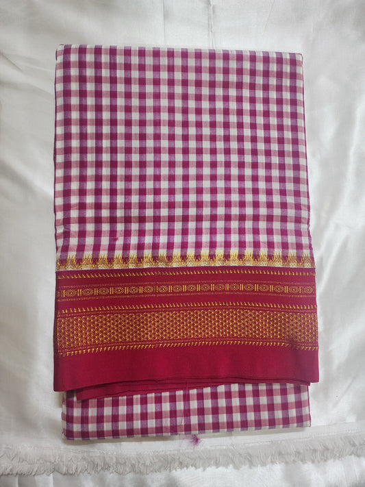 Pink white Ilkal Cotton Checks Saree