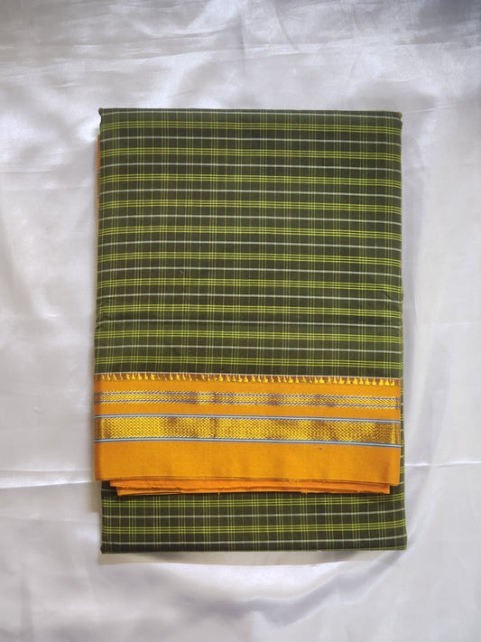 Green yellow Ilkal Cotton Checks Saree
