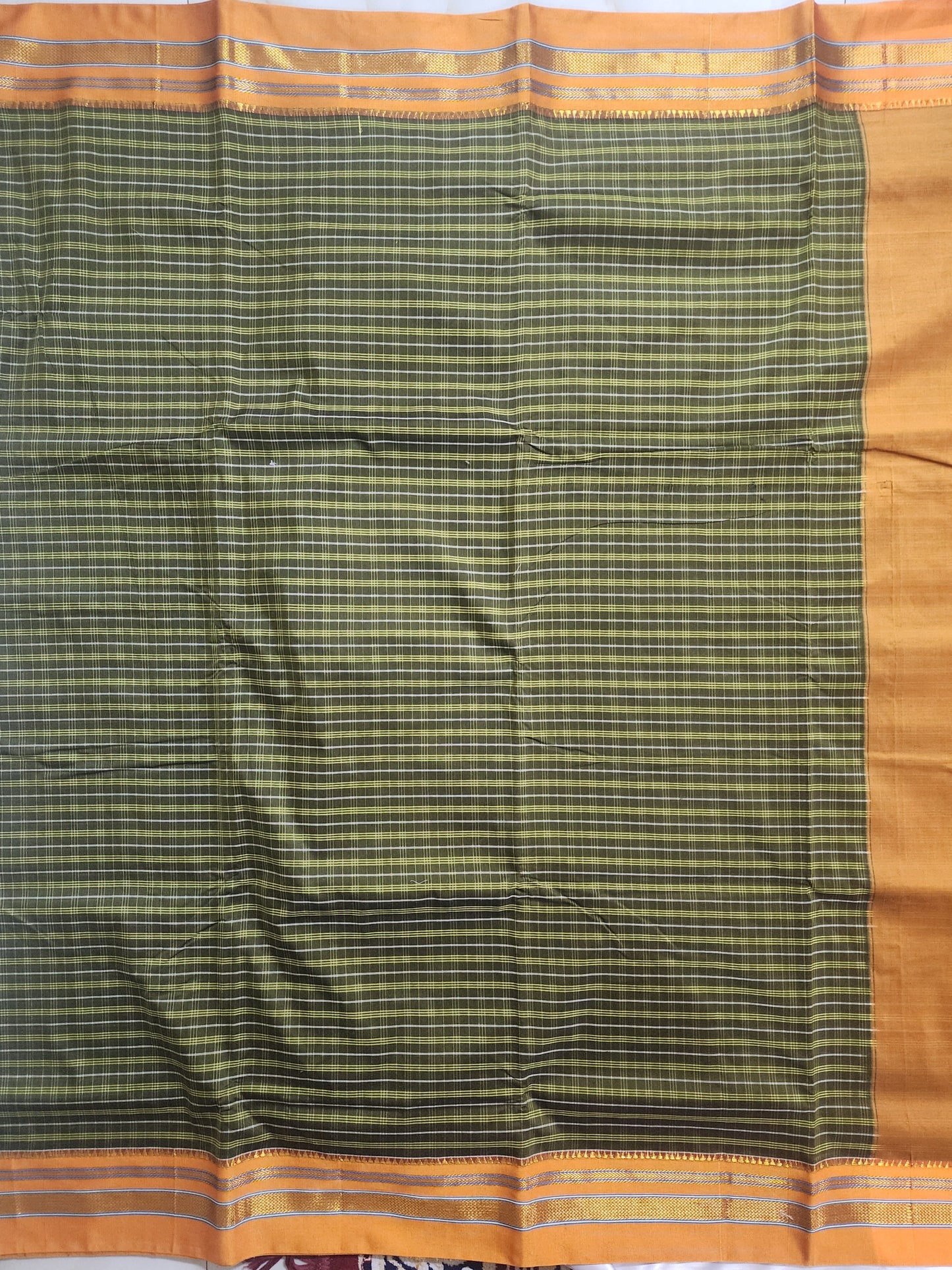 Green yellow Ilkal Cotton Checks Saree