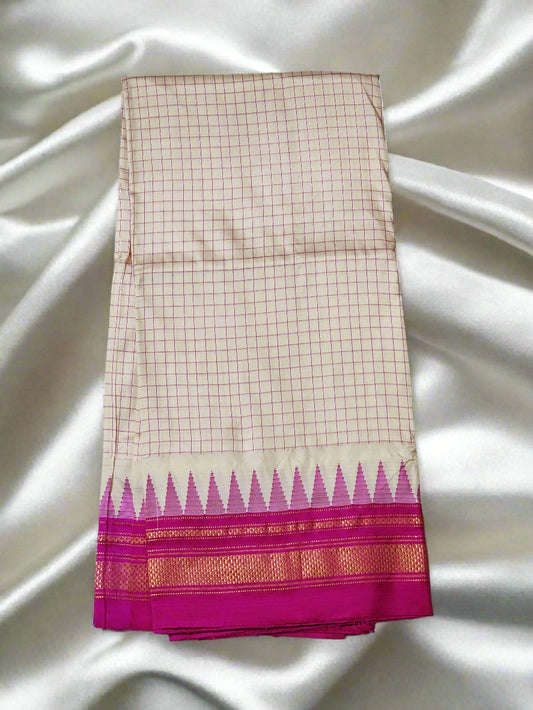 Cream with pink checks Ilkal Cotton Silk Saree
