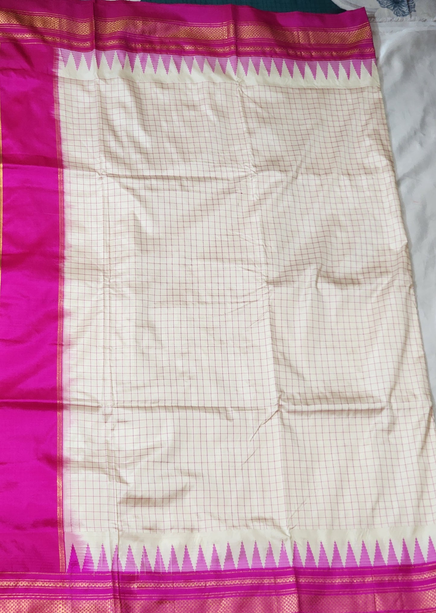 Cream with pink checks Ilkal Cotton Silk Saree