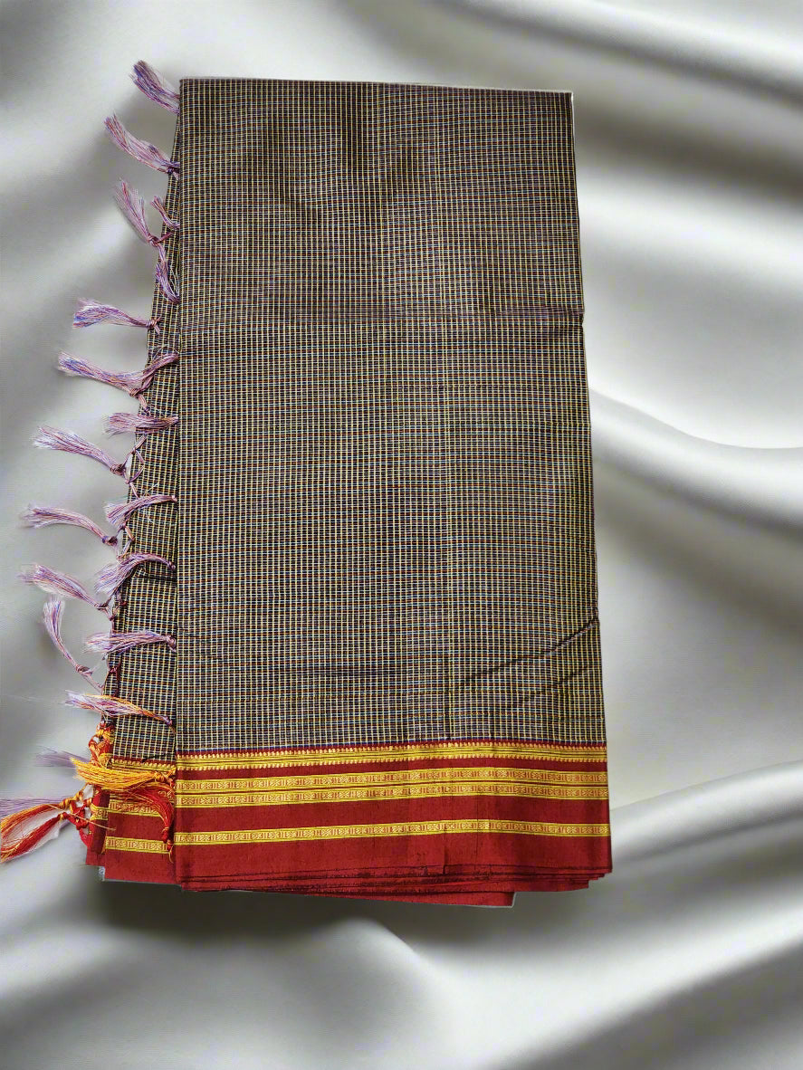 Beige-black micro checks  Ilkal Cotton Saree