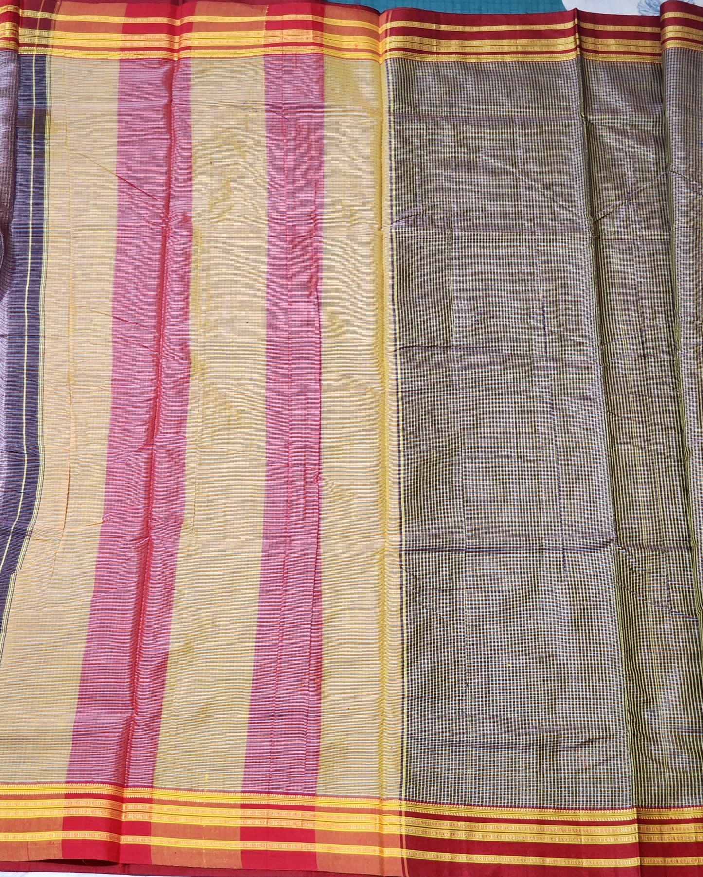 Beige-black micro checks  Ilkal Cotton Saree