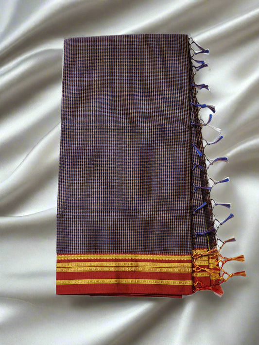 Deep navy checkered Ilkal Cotton Saree
