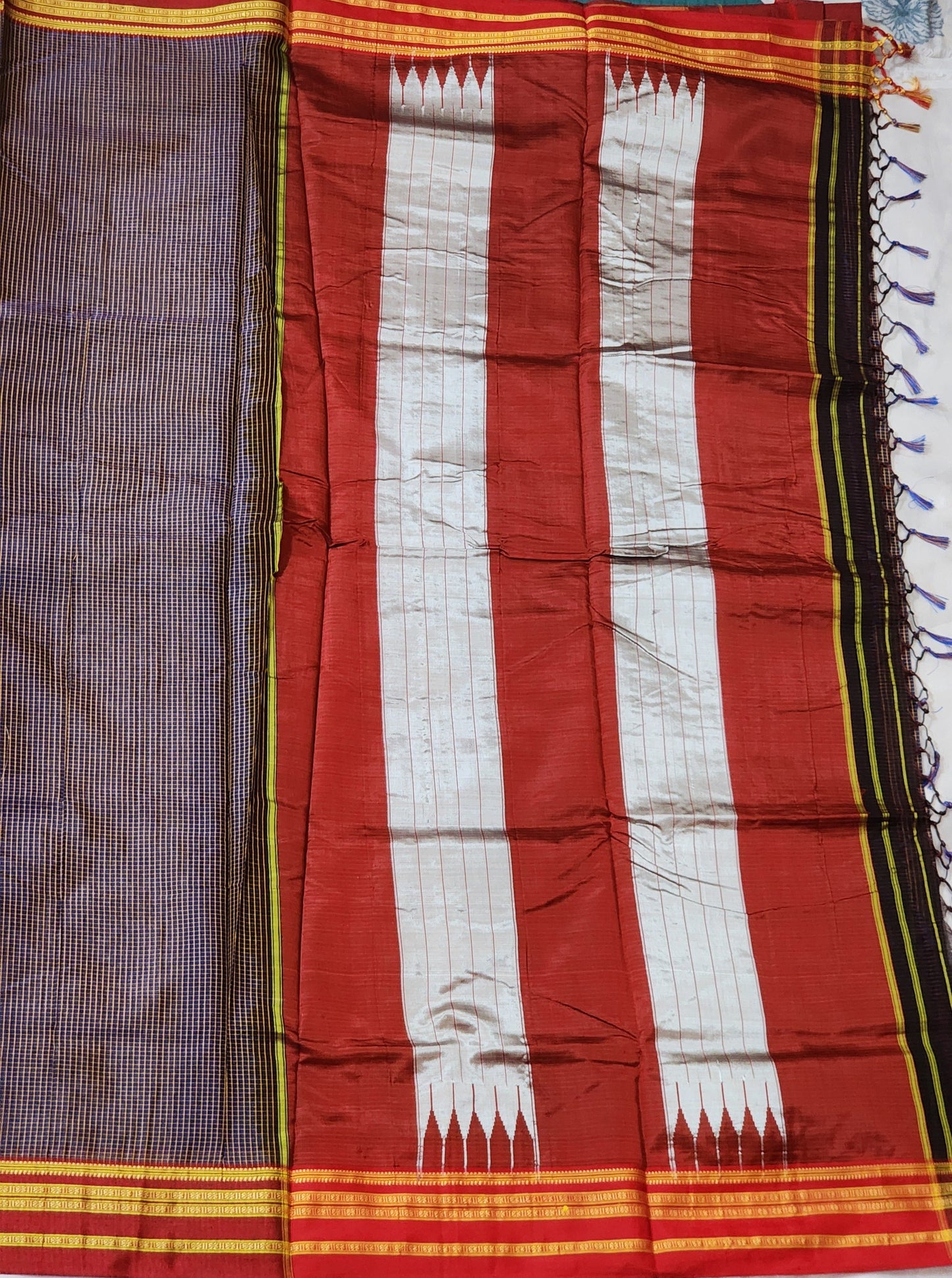 Deep navy checkered Ilkal Cotton Saree
