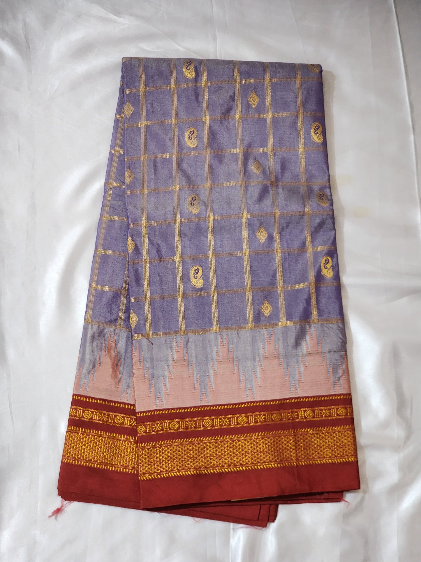 Lavender Checked Ilkal Cotton blend Saree