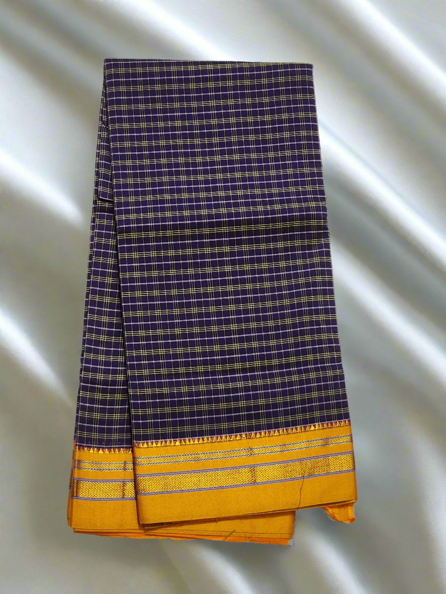 Violet with yellow checks Ilkal Cotton Saree