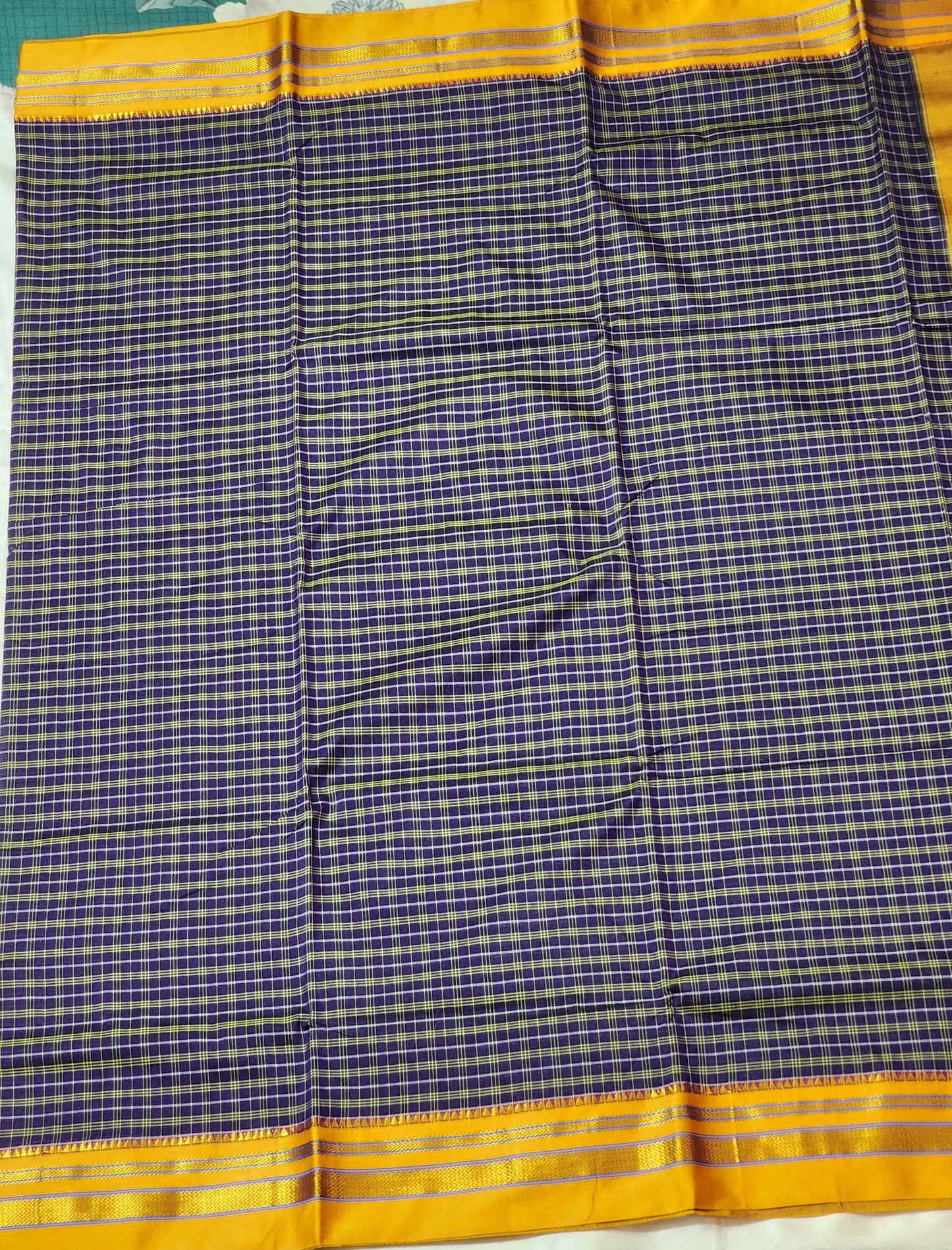 Violet with yellow checks Ilkal Cotton Saree