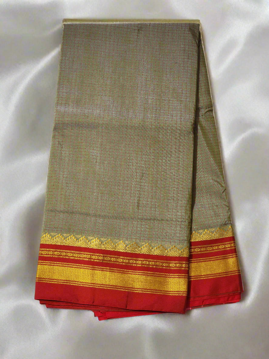 Olive Green Checked Ilkal Cotton Saree