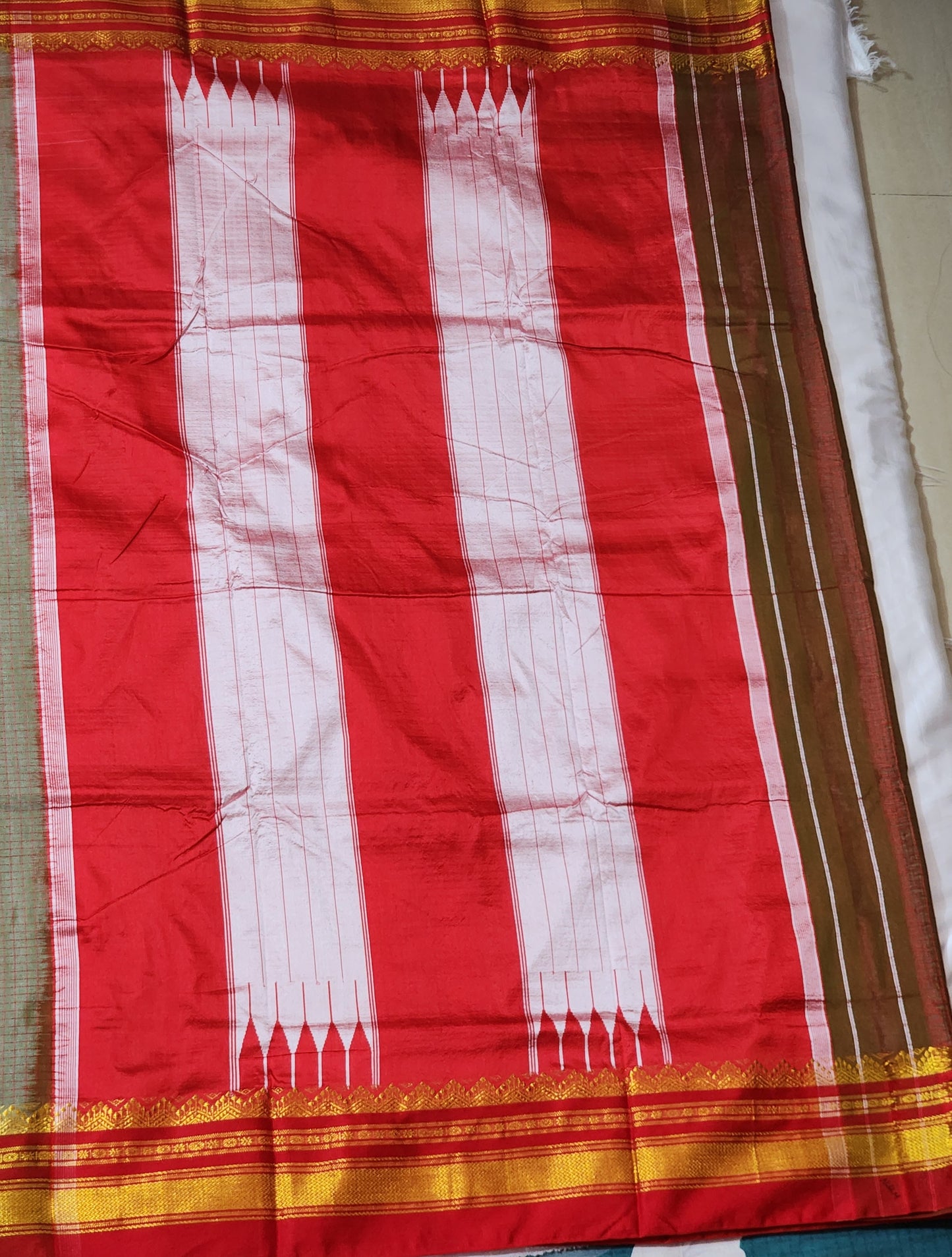 Olive Green Checked Ilkal Cotton Saree