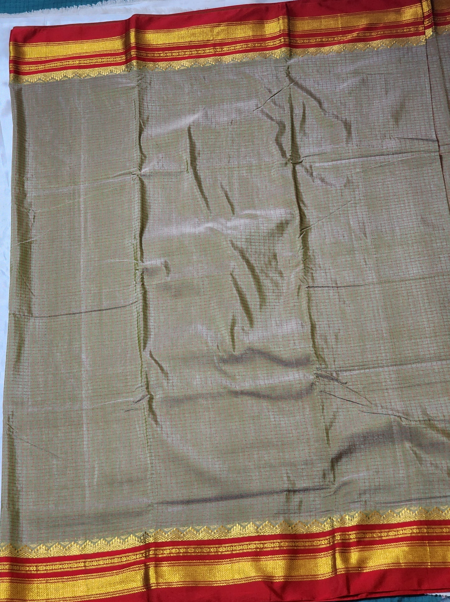 Olive Green Checked Ilkal Cotton Saree