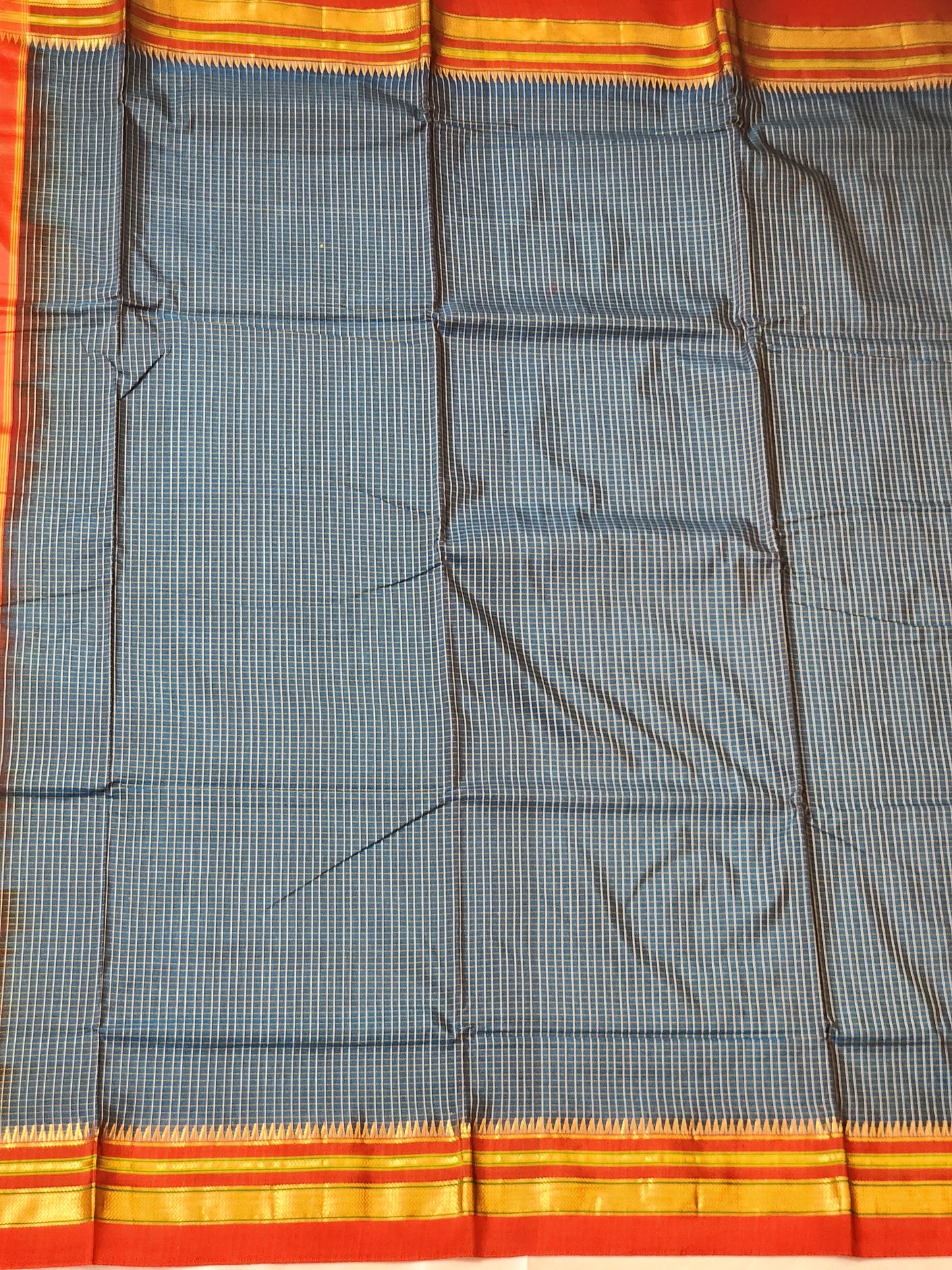 Blue with white checks Ilkal Cotton-Silk blend Saree