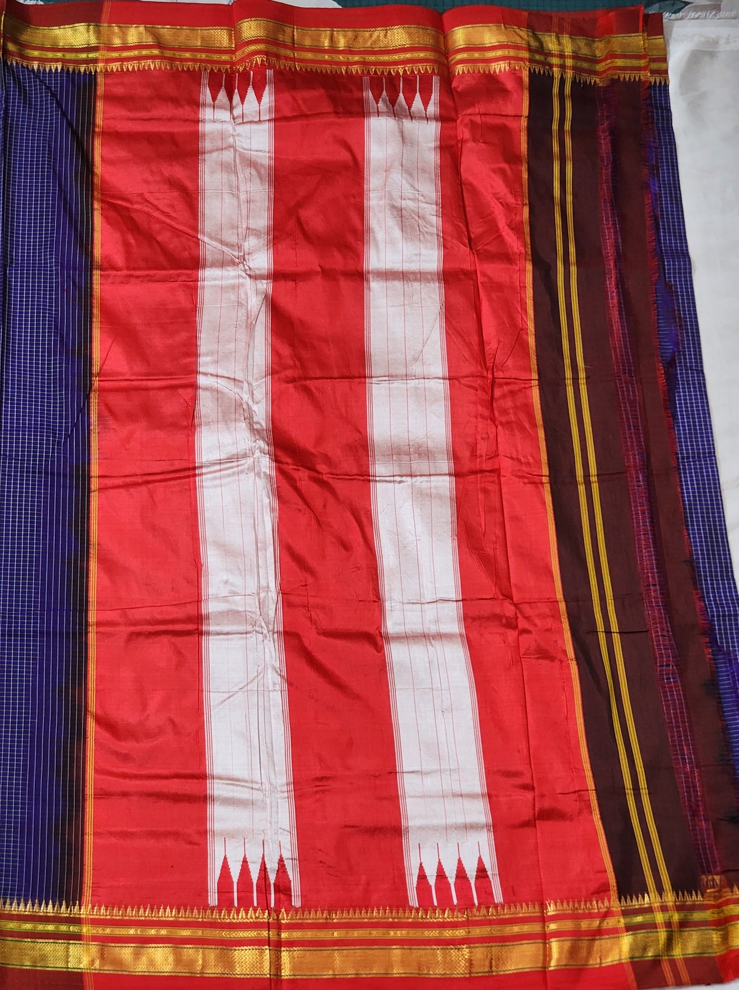 Violet with white checks Ilkal Cotton-Silk blend Saree