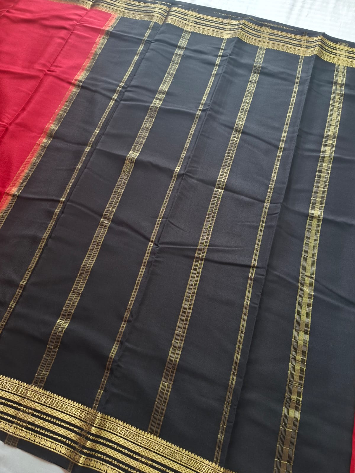 Red Black Mysore Crepe Silk with black line border