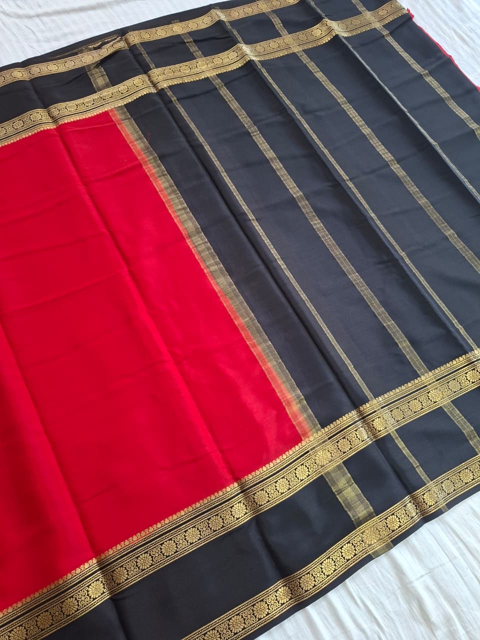 Red Black Mysore Crepe Silk with black bentex flower border