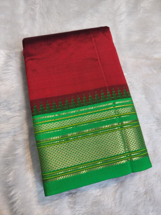 Wine–Maroon Gadwal Ilkal Pure Silk Saree with Small Temple Border