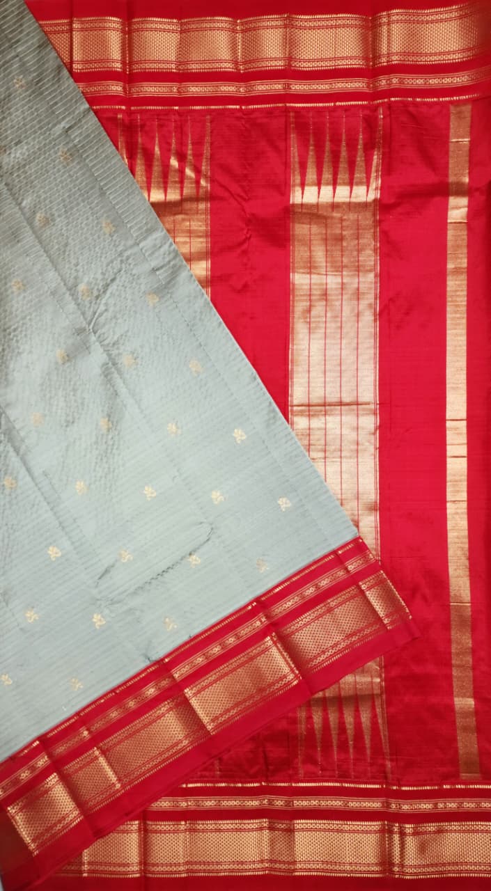 Sage–Beige Gadwal Pure Ilkal Silk Saree - Small Necklace Butta