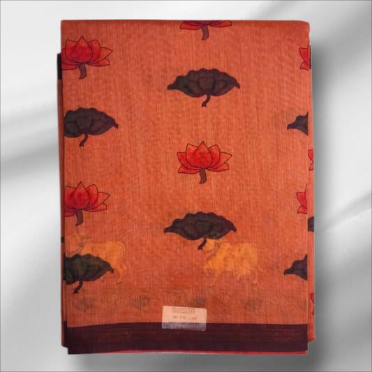 Peach brown Cotton Lotus Print