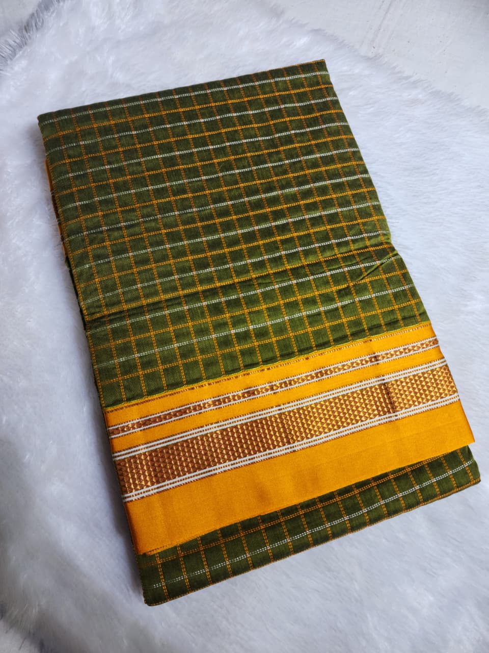 Olive green Double Checks Ilkal Cotton Saree with Mustard Zari Border